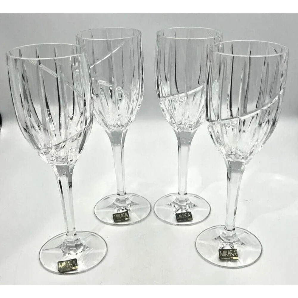 4 Vintage Mikasa Wine Goblets Uptown Crystal Glasses Vertical Cut Swirl Clear 9